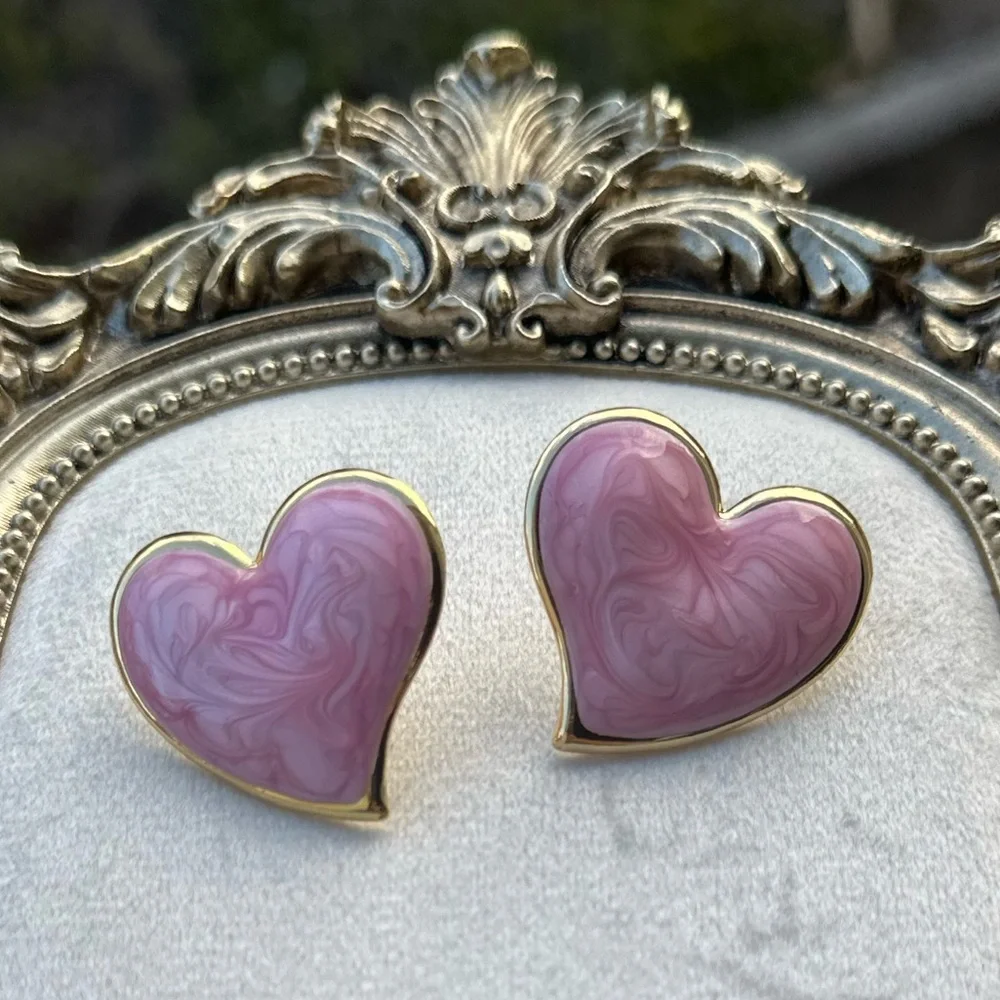 Pink Marbled Heart Statement Earrings – Gold Plated Stainless Steel Studs